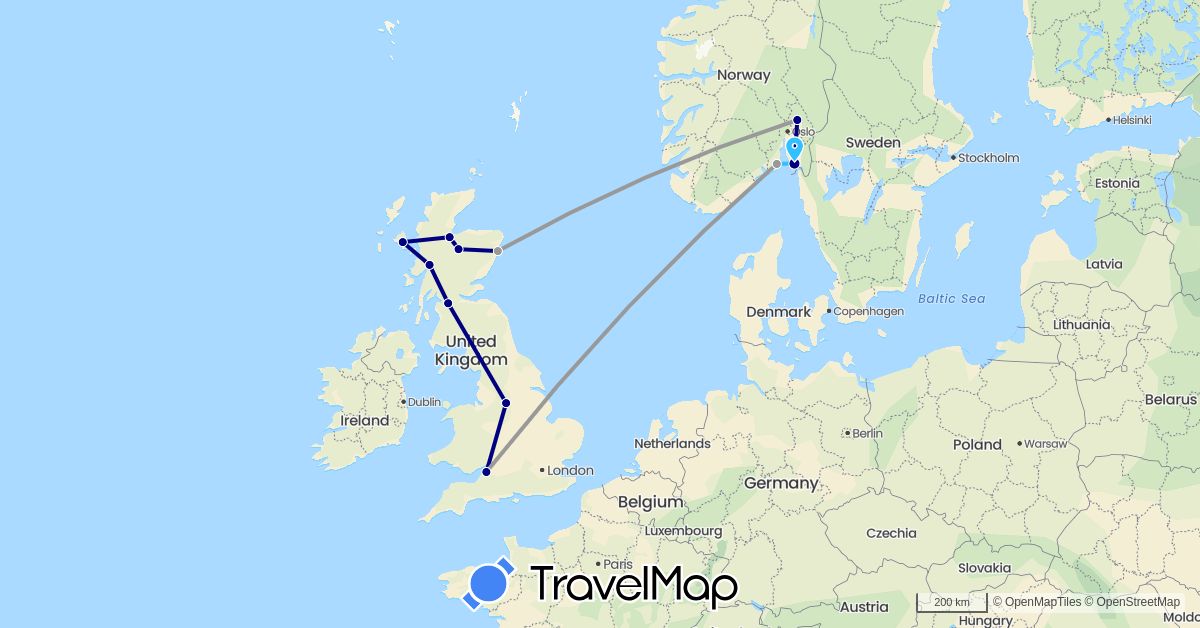 TravelMap itinerary: driving, plane, boat in United Kingdom, Norway (Europe)